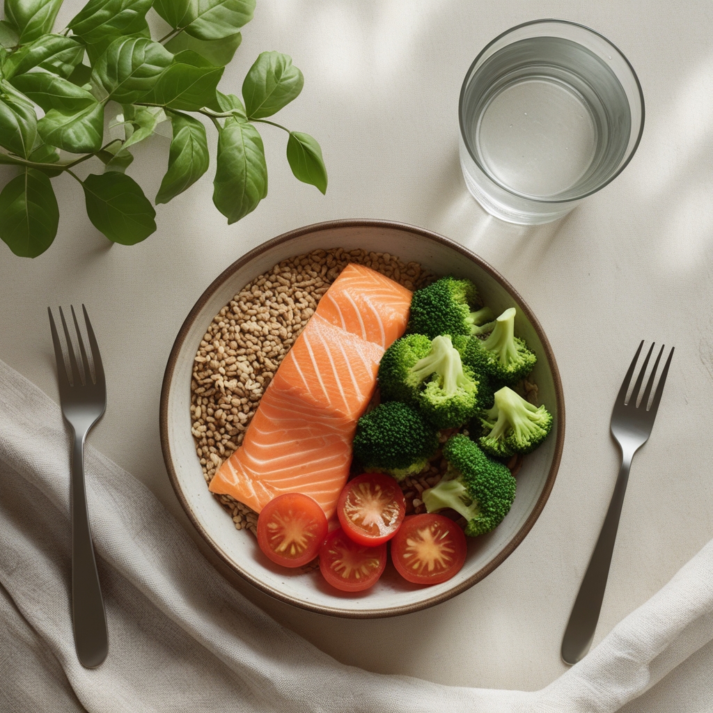 Overhead flat lay of a balanced meal arrangement showing whole grains in a ceramic bowl, sliced salmon fillet, steamed broccoli florets, halved cherry tomatoes, and a glass of water on a light linen surface with soft natural window light
